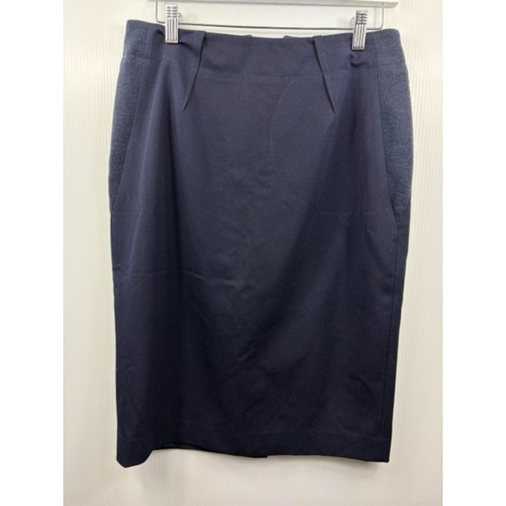 Magaschoni Skirt 6 Blue Knit Midi Back Slit Straight Classic Luxe Workwear Chic